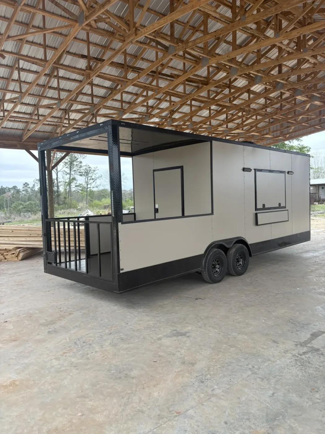 8.5x24TA Hook and Line Cargo Desert Tan Blackout BBQ Porch Concession Trailer for Sale – product view 6