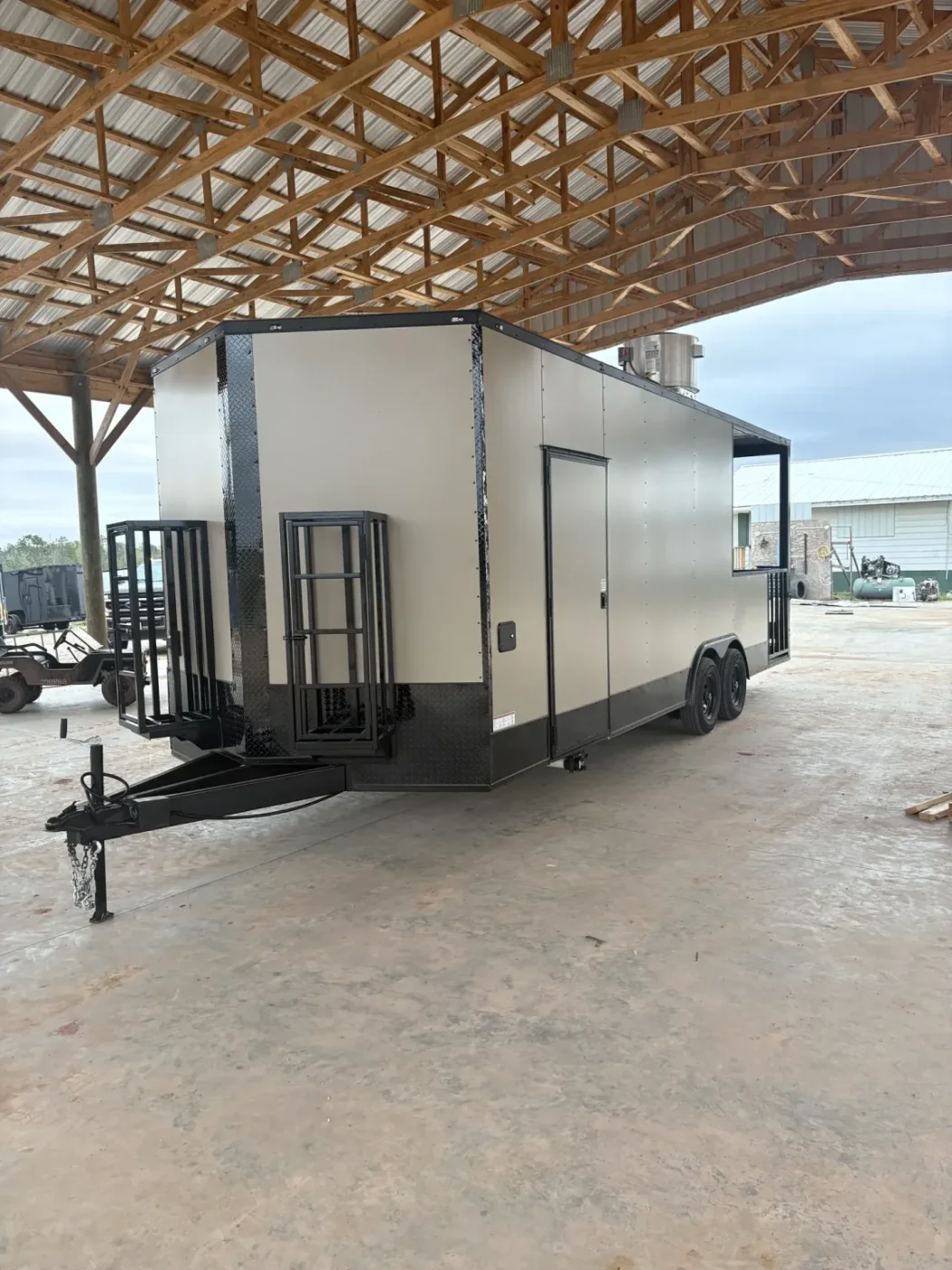 8.5x24TA Hook and Line Cargo Desert Tan Blackout BBQ Porch Concession Trailer for Sale – product view 5