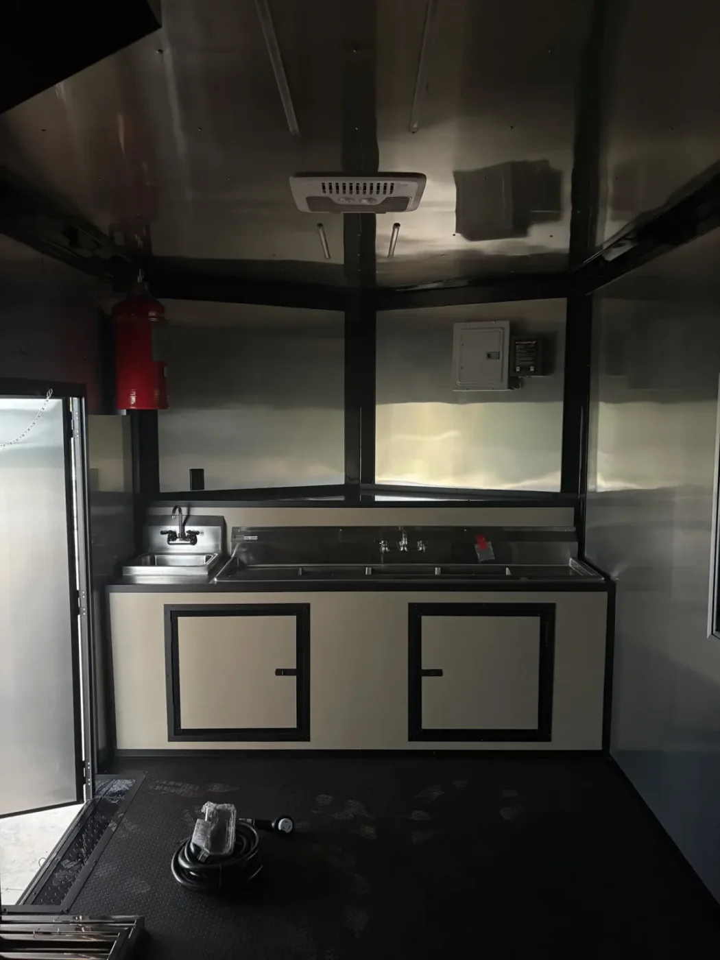 8.5x24TA Hook and Line Cargo Desert Tan Blackout BBQ Porch Concession Trailer for Sale – product view 3