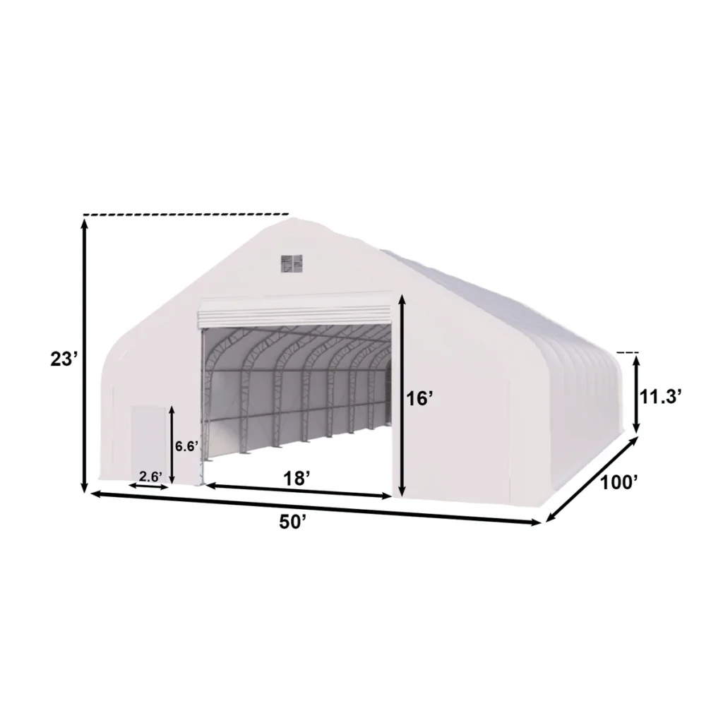 Chery Industrial Gold Mountain Double Truss Storage Shelter 50′ W × 100′ L × 23′ H