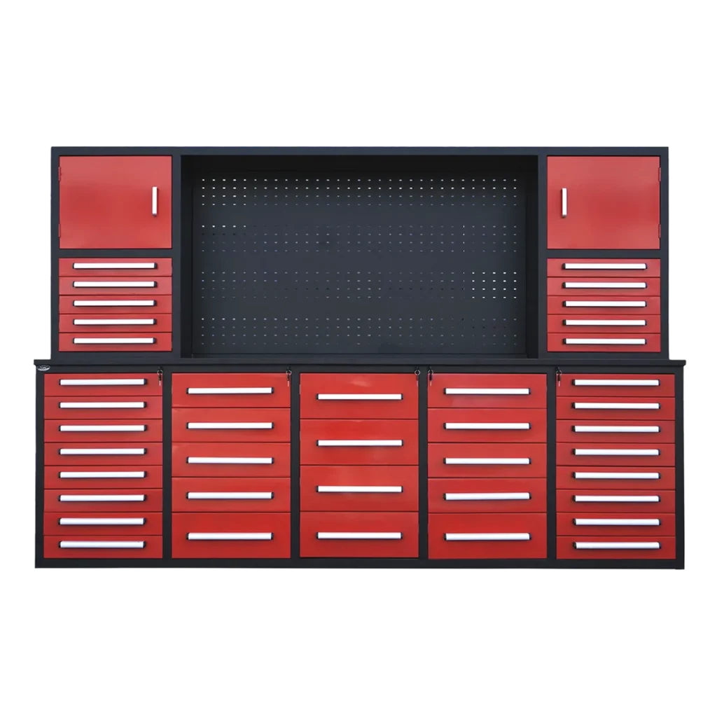 Chery Industrial Steelman 10’ Workbench Cabinet with 40 Drawers, 2 Cabinets & Pegboard Heavy‑Duty Tool Storage WW000217
