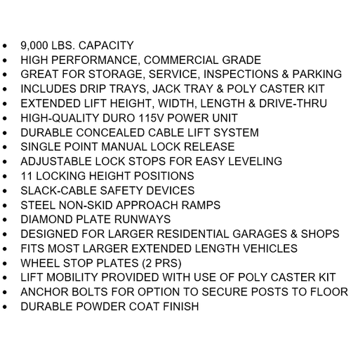 Tuxedo FP9K-DX-XLT 9,000 lb Deluxe Storage Lift Extended Length / Height -... - Image 5